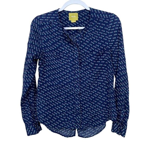 Maeve ANTHROPOLOGIE Size‎ 2 Flying Birds Navy Rayon Chest Pockets Shirt Blouse - Picture 1 of 7